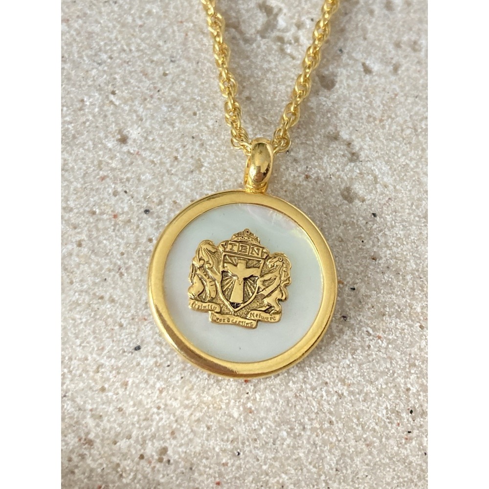 Gold Tone Crest Pendant Necklace White Enamel Round Medallion TBN Commemorative